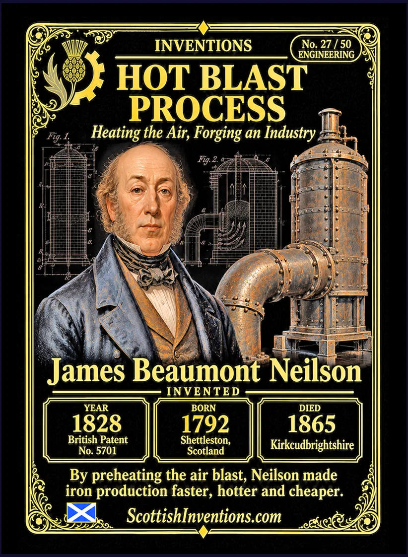The Hot Blast Process collectible card — James Beaumont Neilson, born Glasgow Scotland in 1792, patented the Hot Blast Process in 1828 by preheating air before it entered blast furnaces, dramatically reducing fuel consumption and helping fuel the expansion of railways, shipbuilding and Victorian industry.