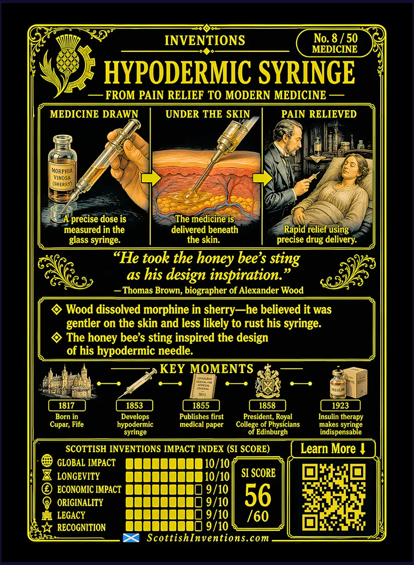 The Hypodermic Syringe card reverse — diagram comparing a bee's sting with a glass syringe and hollow needle, Alexander Wood timeline from 1817 to 1855, note on the three-way priority story with Charles-Gabriel Pravaz and Francis Rynd