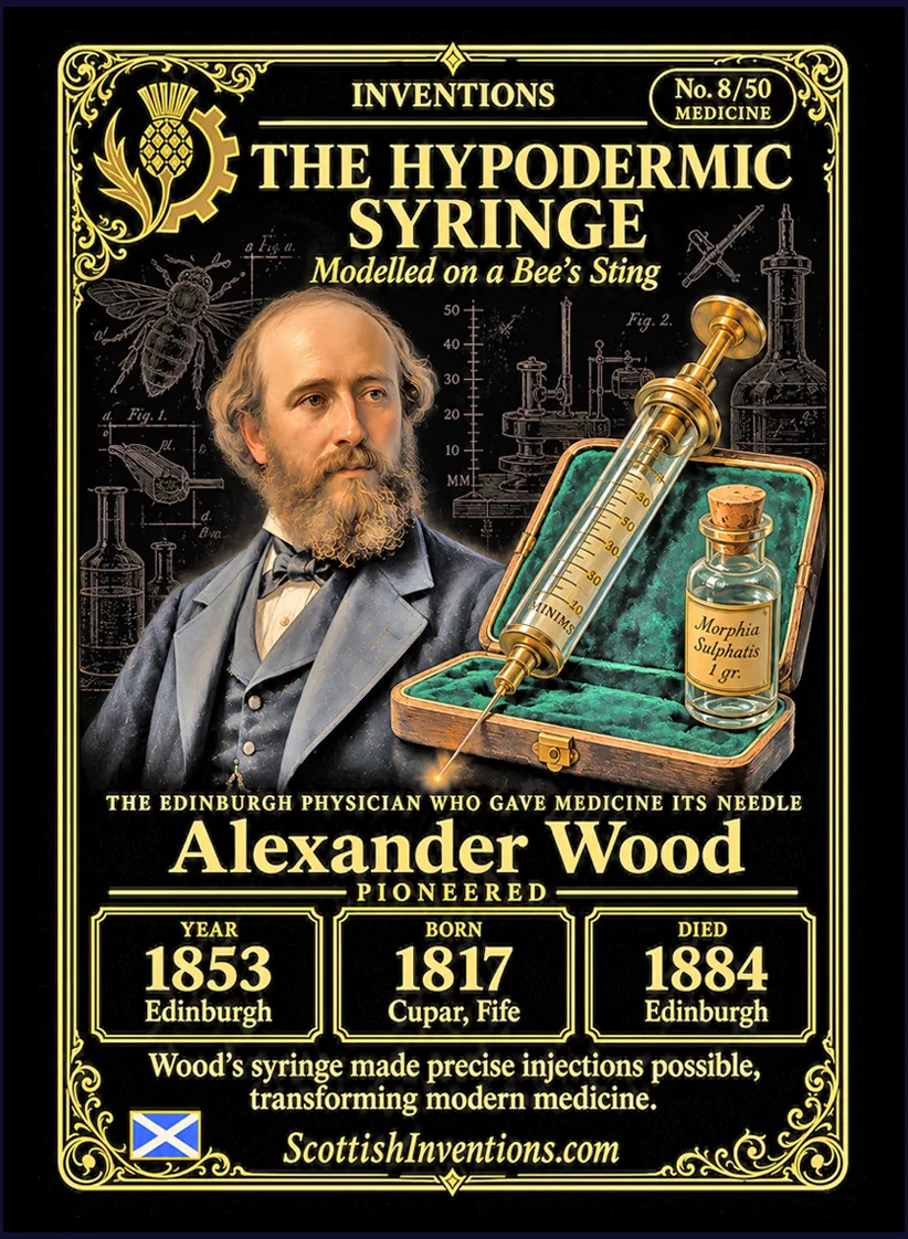 The Hypodermic Syringe collectible card — Alexander Wood, born Cupar Fife Scotland 1817, died Edinburgh Scotland 1884, pioneered the first true piston-driven hypodermic syringe in 1853, injecting morphine for neuralgia, the ancestor of every modern injection, Scottish Inventions Collection No. 8 of 50