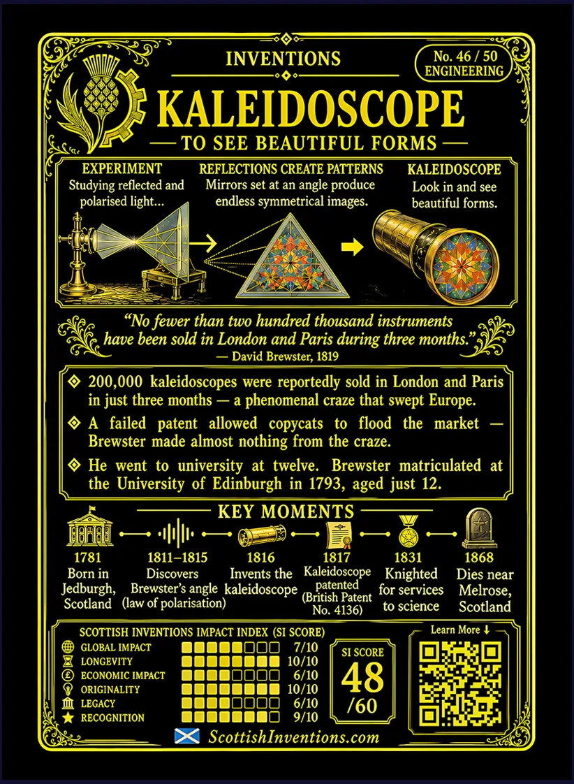 The Kaleidoscope card reverse — Brewster's angle formula tan theta B equals n2 over n1, the law of light polarisation, Sir David Brewster timeline from 1781 to 1849, myth-busting note on the kaleidoscope's manufacturer and a misattributed Beatles song