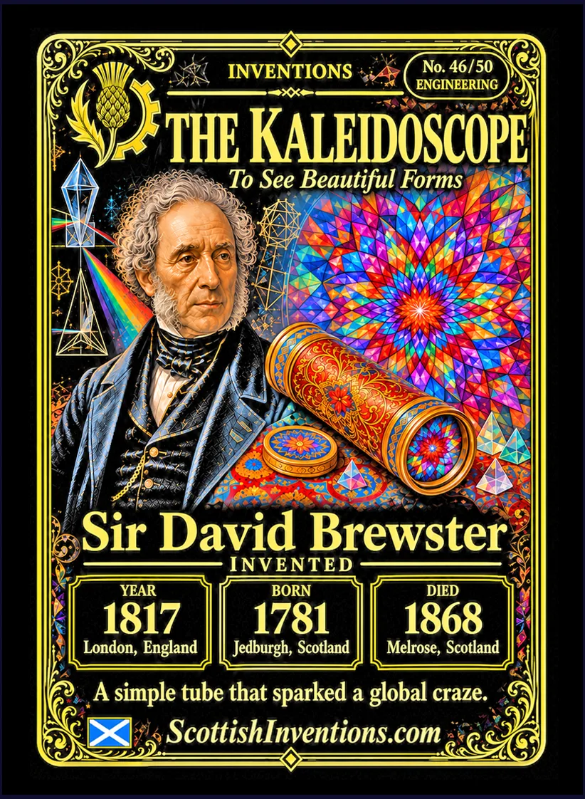 The Kaleidoscope collectible card — Sir David Brewster, born Jedburgh Scotland 1781, died Melrose Scotland 1868, invented and patented the kaleidoscope in 1817, selling 200,000 in three months in London and Paris, Scottish Inventions Collection No. 46 of 50