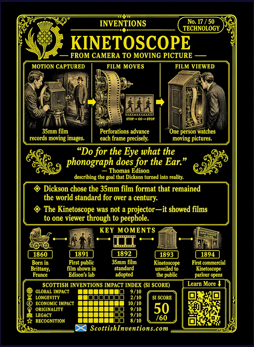 Kinetoscope card reverse — how cinema works, William Kennedy Dickson timeline, Edison's lab, the 35mm film standard, and myth-busted facts about the birth of cinema