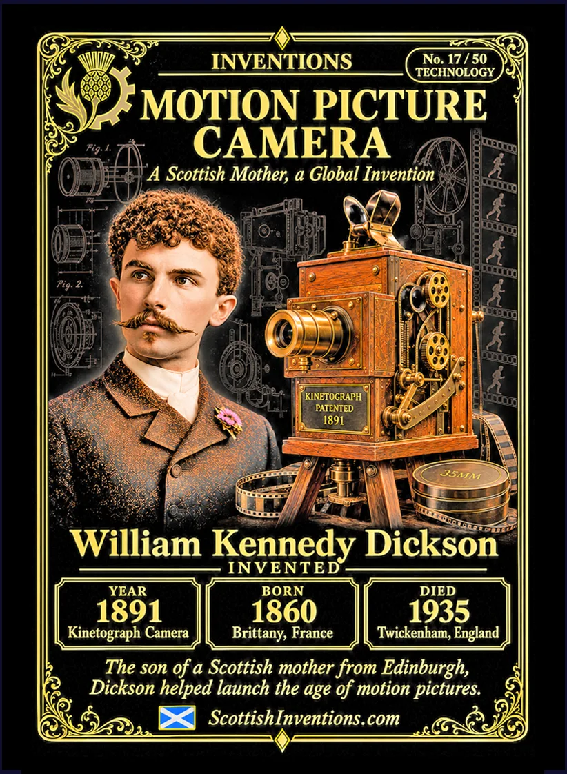 Kinetoscope collectible card — William Kennedy Dickson, born Brittany France 1860, died Twickenham 1935, inventor of the Kinetoscope and the 35mm film format, Scottish Inventions Collection No. 17 of 50