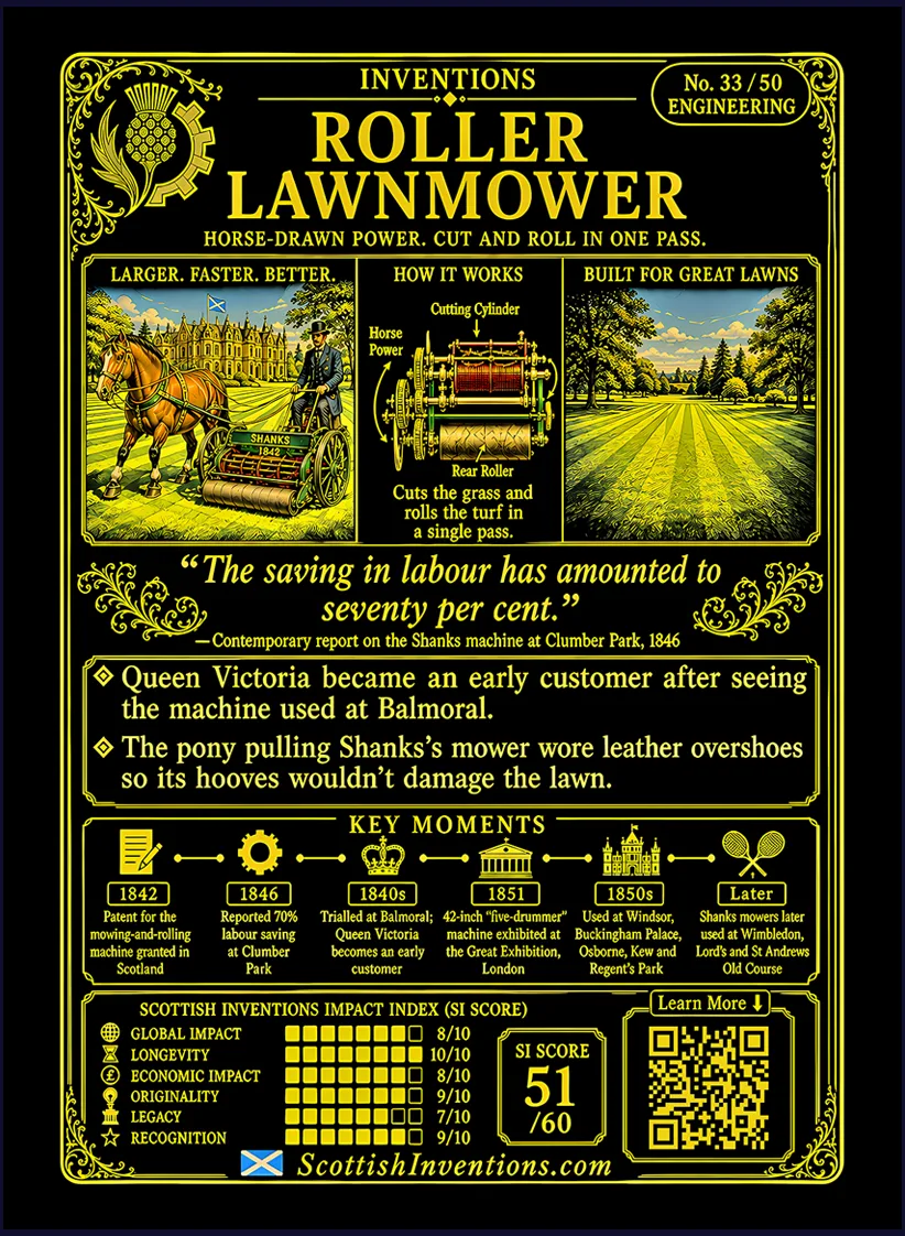 The Lawnmower card reverse — diagram showing horse power, cylinder reel cutting grass, and rear roller creating a striped finish, Alexander Shanks timeline from 1801 to 1851, honest context panel explaining that Edwin Budding invented the original lawnmower in 1830 while Shanks created the first practical large-scale mowing-and-rolling machine