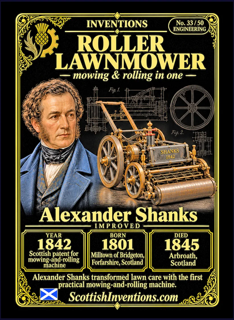 The Lawnmower collectible card — Alexander Shanks, born Forfarshire Scotland 1801, died Arbroath Scotland 1845, engineer who patented the 1842 mowing-and-rolling machine that cut and rolled grass in a single pass, Scottish Inventions Collection No. 33 of 50
