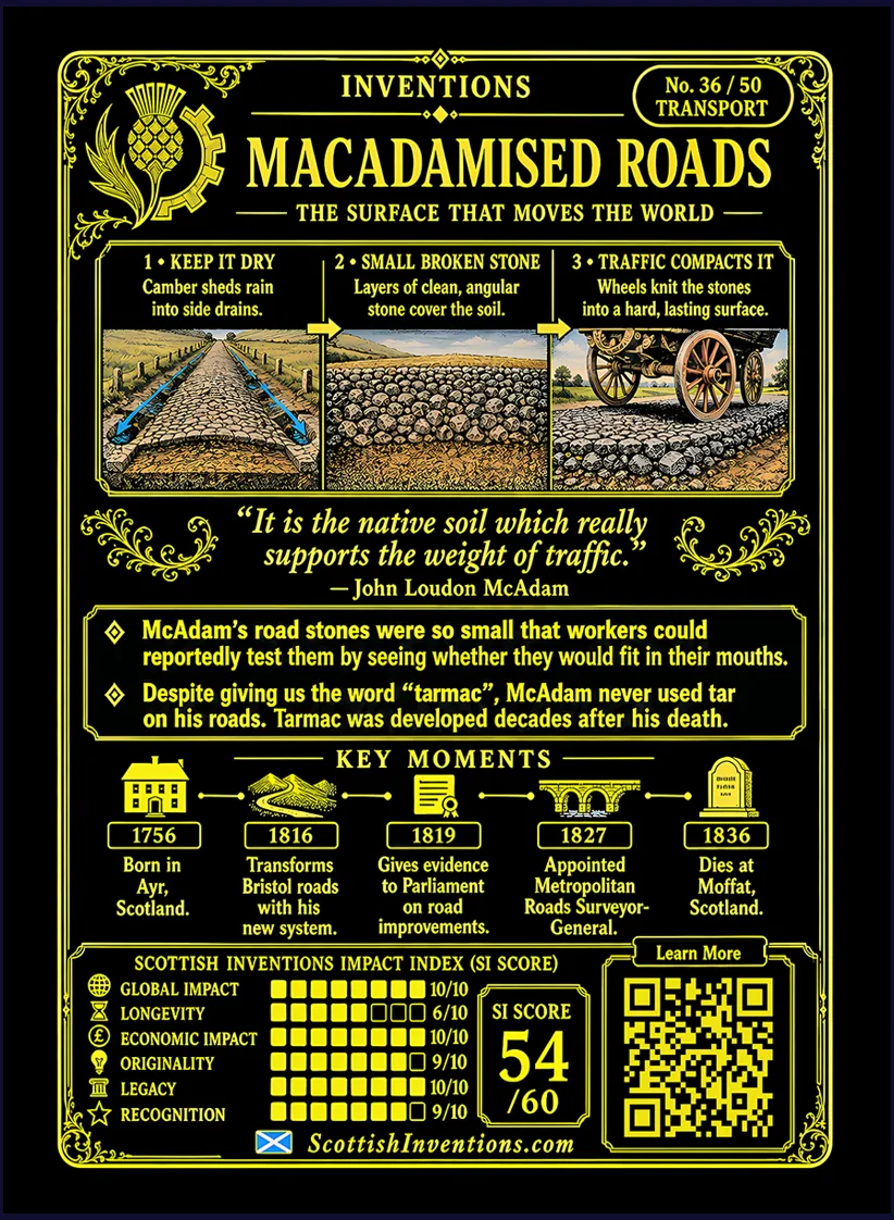 The Macadam Road card reverse — cross-section diagram showing a cambered road surface of small broken stone on dry soil with water draining away, John Loudon McAdam timeline from 1756 to 1827, myth-busting note on the unverified Royal Society claim and the origin of the word tarmac