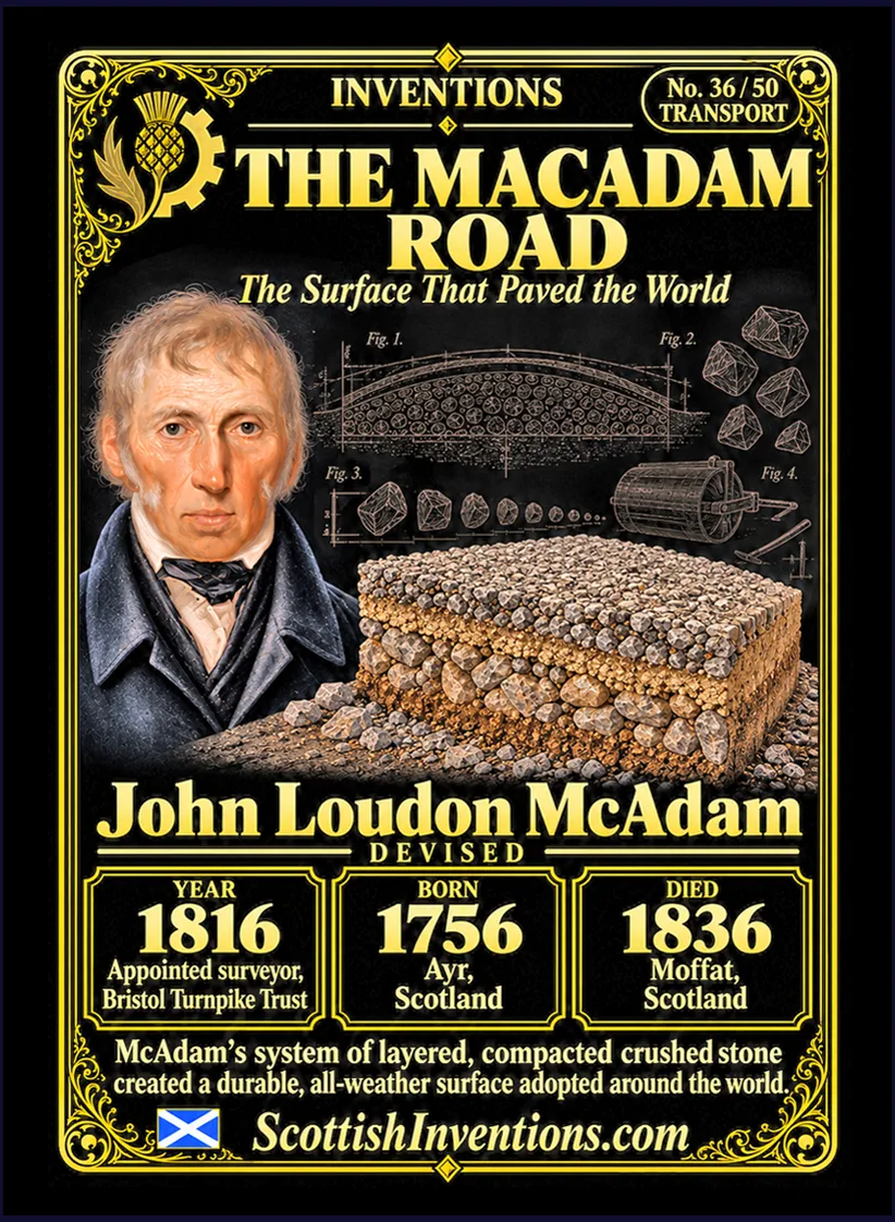 The Macadam Road collectible card — John Loudon McAdam, born Ayr Scotland 1756, died Moffat Scotland 1836, devised the macadam road surface, becoming Surveyor-General of the Bristol Turnpike Trust in 1816 and revolutionising road building worldwide, Scottish Inventions Collection No. 36 of 50