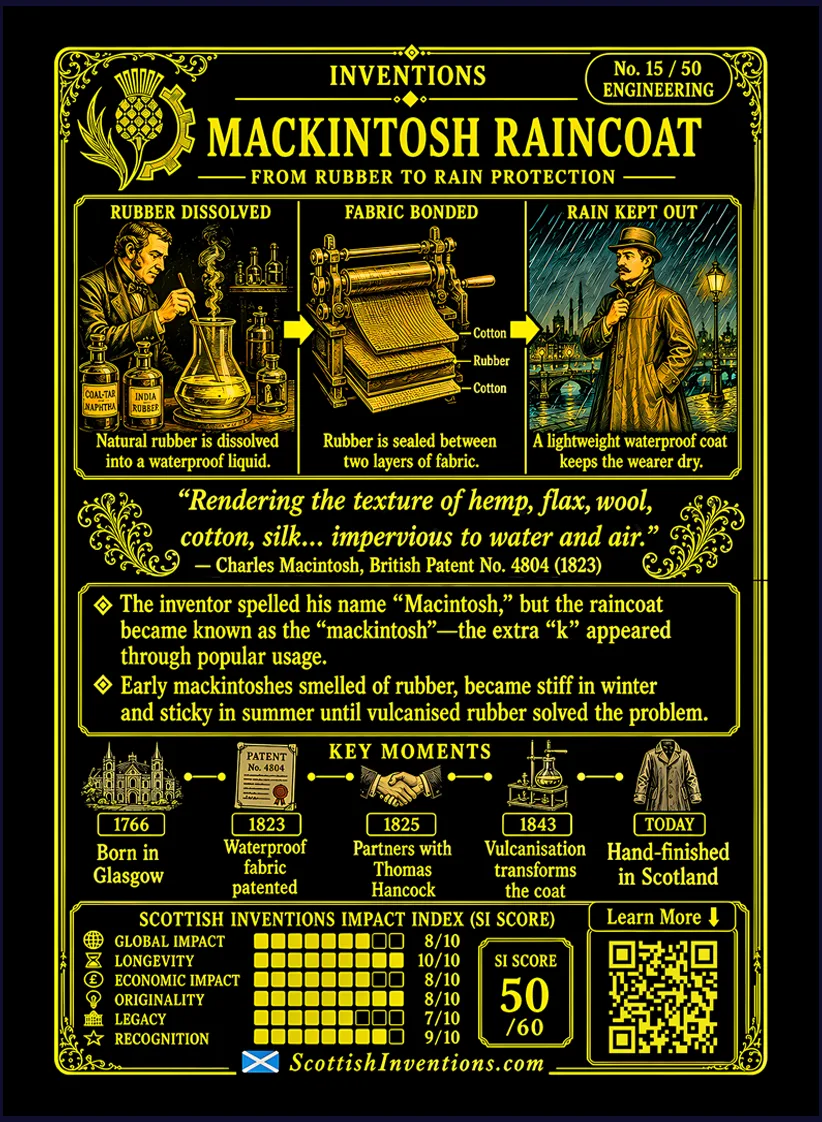 The Mackintosh Raincoat card reverse — cross-section diagram showing the cloth-rubber-cloth waterproof sandwich, timeline from Macintosh's 1823 patent to vulcanised rubber and the modern Mackintosh coat, explaining the invention behind modern waterproof clothing