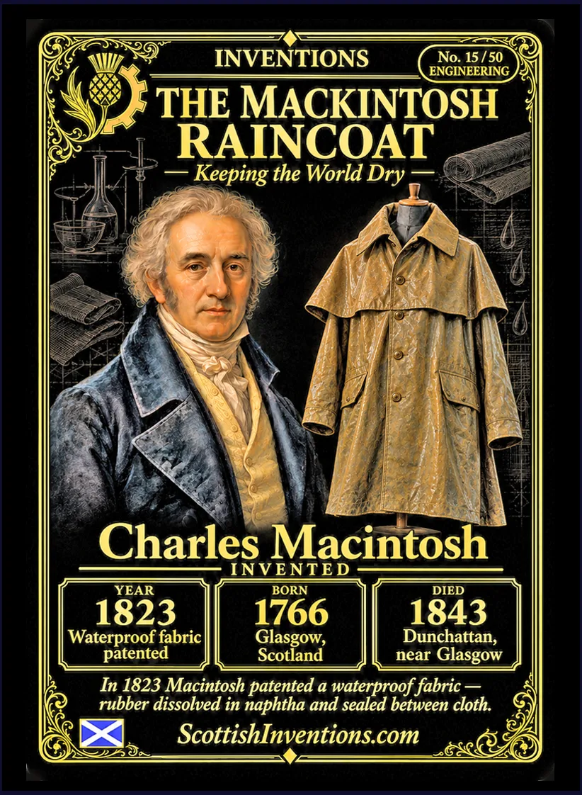 The Mackintosh Raincoat collectible card — Charles Macintosh of Glasgow patented the waterproof rubber-coated cloth raincoat in 1823, creating the world's first practical waterproof coat, Scottish Inventions Collection No. 15 of 50