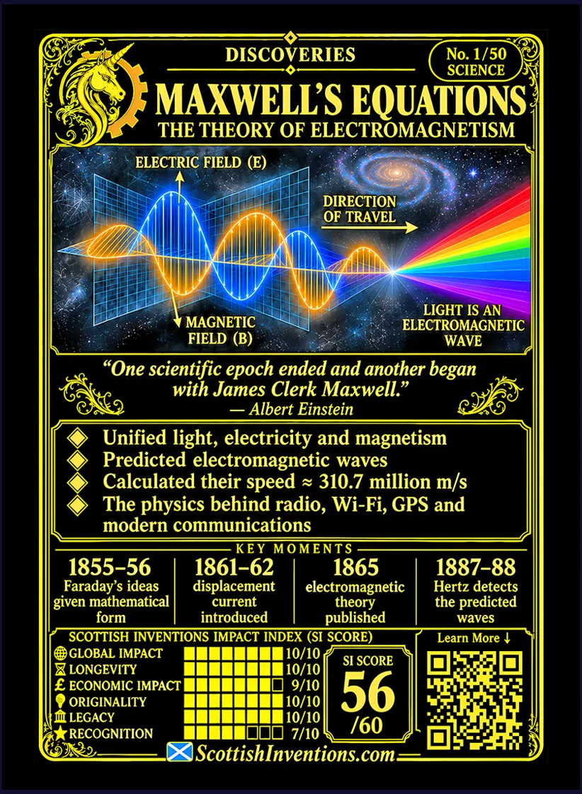 Maxwell's Equations card reverse — illustrated explanation of how changing electric and magnetic fields create electromagnetic waves, together with James Clerk Maxwell's timeline, historical context and the scientific impact that led to radio, wireless communication and modern physics.