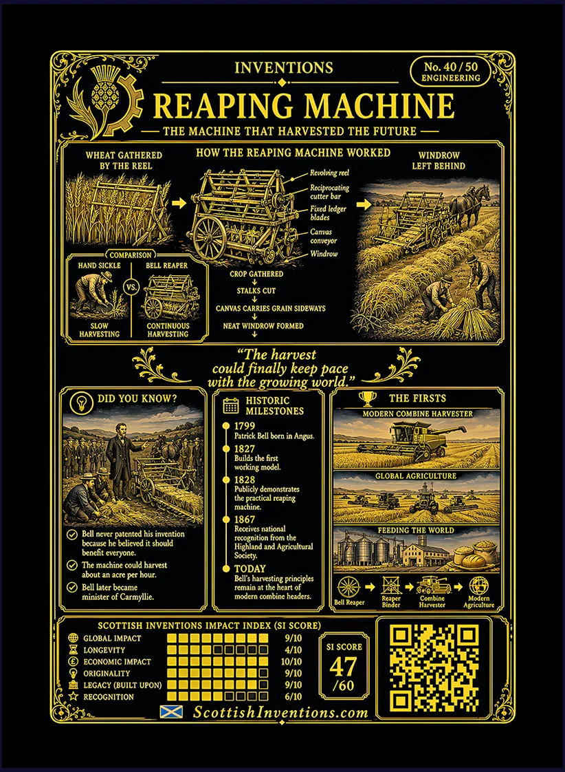 Mechanical Reaping Machine card reverse — engineering diagram explaining Patrick Bell's revolving reel, reciprocating cutter and canvas conveyor, timeline from the Mid Leoch prototype to the Highland Agricultural Society award, plus historical context explaining its influence on the modern combine harvester.