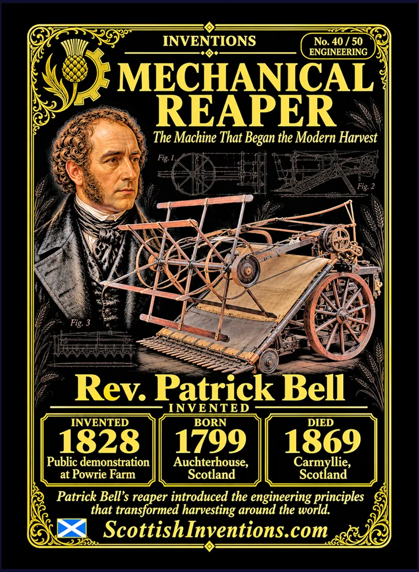Mechanical Reaping Machine collectible card — Rev. Patrick Bell, born Auchterhouse Scotland 1799, died Carmyllie Scotland 1869, inventor of one of the world's first practical mechanical reaping machines, publicly demonstrated in 1828, Scottish Inventions Collection No. 40 of 50.
