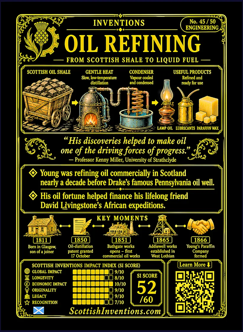 The Oil Refinery card reverse — diagram of fractional distillation showing coal heated, oil vapour condensed and separated into oil, naphtha and wax, James Young timeline from 1811 to 1851, note distinguishing Young's refining breakthrough from Edwin Drake's later oil well