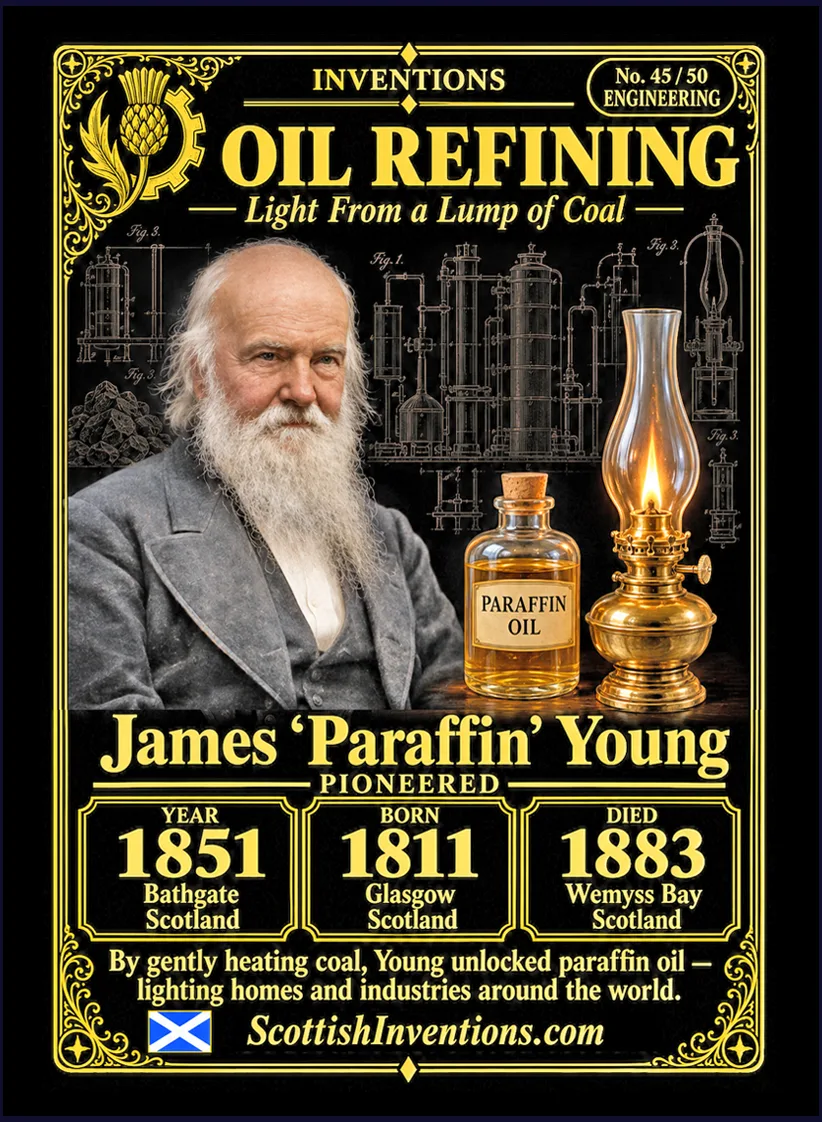 The Oil Refinery collectible card — James 'Paraffin' Young, born Glasgow Scotland 1811, died Wemyss Bay Scotland 1883, opened the world's first commercial mineral oil refinery at Bathgate in 1851, nearly a decade before Edwin Drake's famous oil well, Scottish Inventions Collection No. 45 of 50