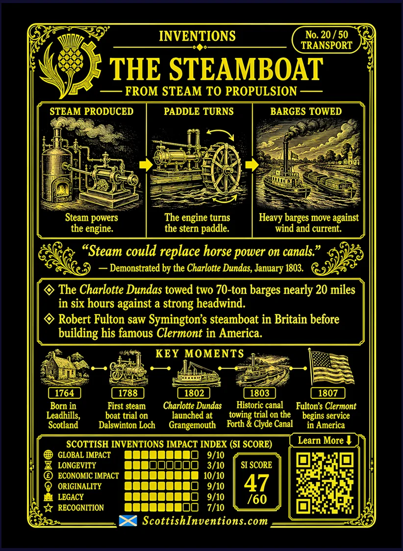 The Charlotte Dundas card reverse — simple diagram showing how a steam engine powered paddle wheels to tow heavy canal barges, with timeline covering William Symington's pioneering steam navigation achievements and the birth of practical steam-powered transport
