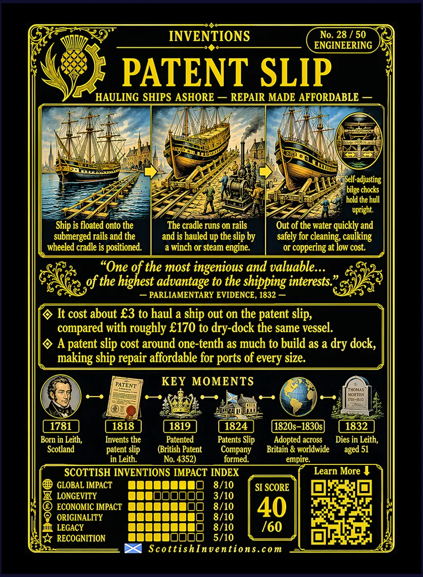 Patent Slip card reverse — engineering diagram showing a ship floating over a submerged wheeled cradle, adjustable bilge chocks supporting the hull and chains hauling the vessel up inclined rails for repair, with Thomas Morton timeline and historical context.