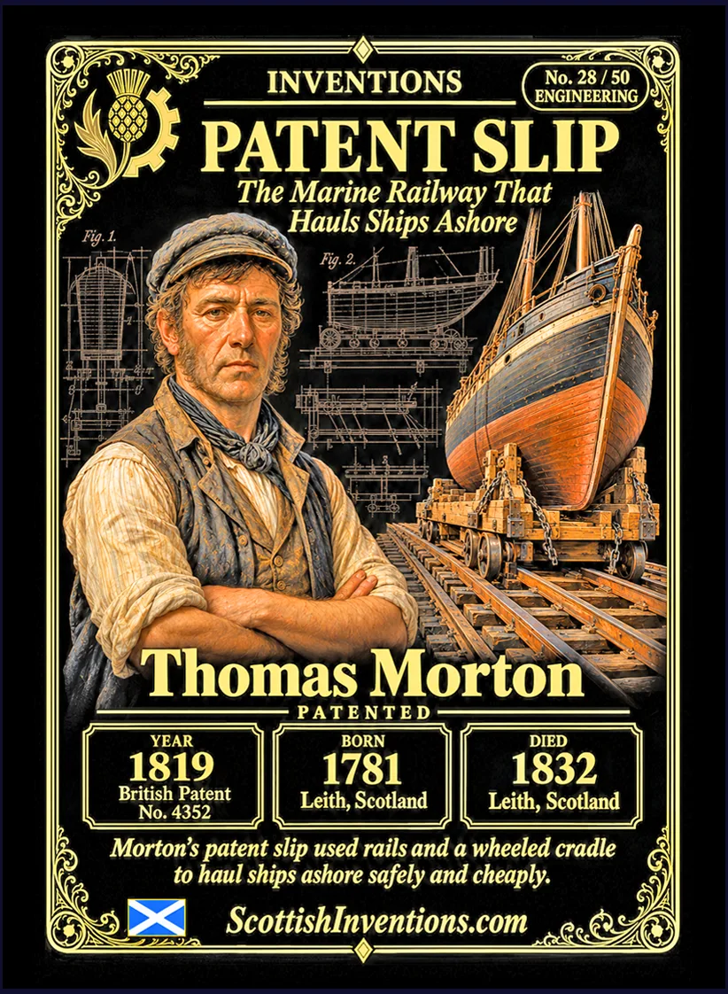 Patent Slip collectible card — Thomas Morton, Leith-born Scottish shipwright, inventor of the rail-mounted marine railway cradle developed in 1818 and protected by British Patent No. 4352 in 1819, Scottish Inventions Collection No. 28 of 50.