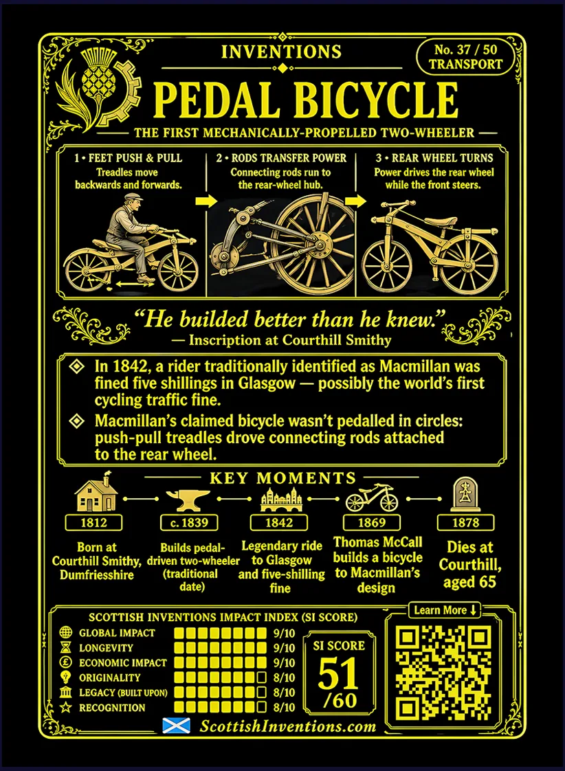 The Pedal Bicycle card reverse — diagram comparing rotary front-wheel pedals with the reciprocating rear-wheel treadle drive attributed to Macmillan, Kirkpatrick Macmillan timeline from 1812 to 1878, note on the priority dispute and unresolved evidence