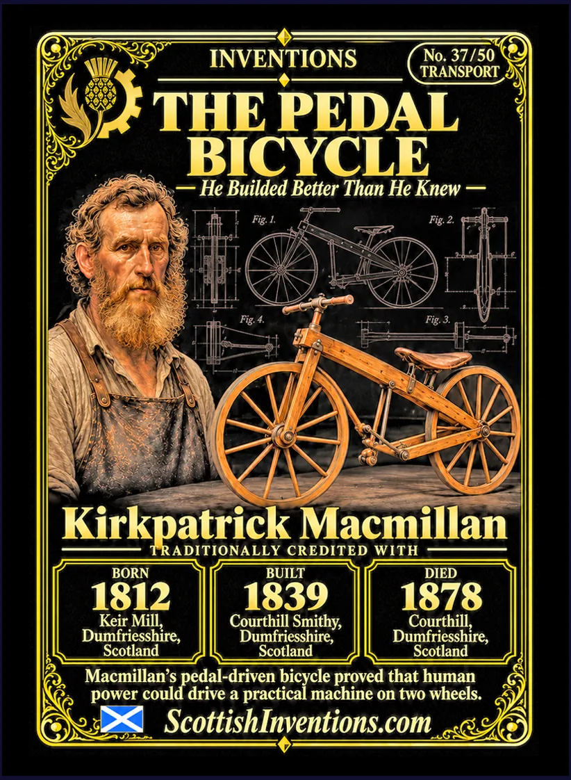 The Pedal Bicycle collectible card — Kirkpatrick Macmillan, born Keir Mill Dumfriesshire Scotland 1812, died Courthill Dumfriesshire Scotland 1878, traditionally credited with building an early treadle-driven pedal bicycle around 1839, a disputed but celebrated claim, Scottish Inventions Collection No. 37 of 50