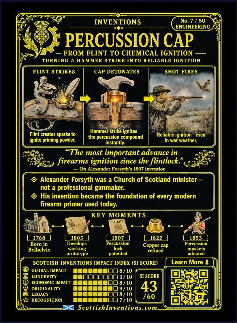 The Percussion Cap reverse card showing percussion ignition operation, Alexander John Forsyth timeline, scent-bottle lock development, and explanation of how percussion systems replaced flintlocks across military and sporting firearms.