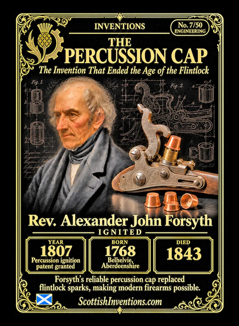 The Percussion Cap collectible card — Reverend Alexander John Forsyth of Aberdeenshire patented percussion ignition in 1807, replacing unreliable flintlock sparks with explosive chemical ignition and creating the foundation of all modern firearm primer systems.