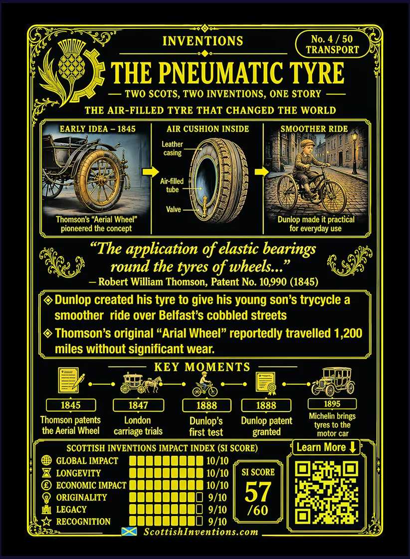 The Pneumatic Tyre card reverse — how the pneumatic tyre works from solid wheel to air cushion to smooth transport, milestones from Thomson's 1845 patent and 1847 Aerial Wheel demonstration to Dunlop's 1888 bicycle tyre and Michelin's 1895 motor-car tyres, plus the Scottish Inventions Impact Index score of 57 out of 60