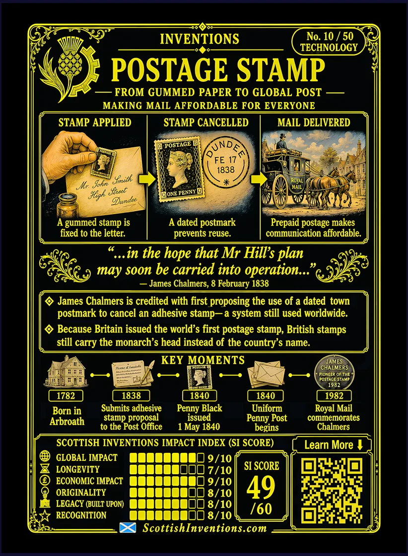 The Postage Stamp card reverse — timeline of James Chalmers' postal reform campaign from 1782 to 1853, engraved illustration of the Penny Black and early adhesive stamp concepts, explanation of prepaid postage and Chalmers' contribution to modern postal communication