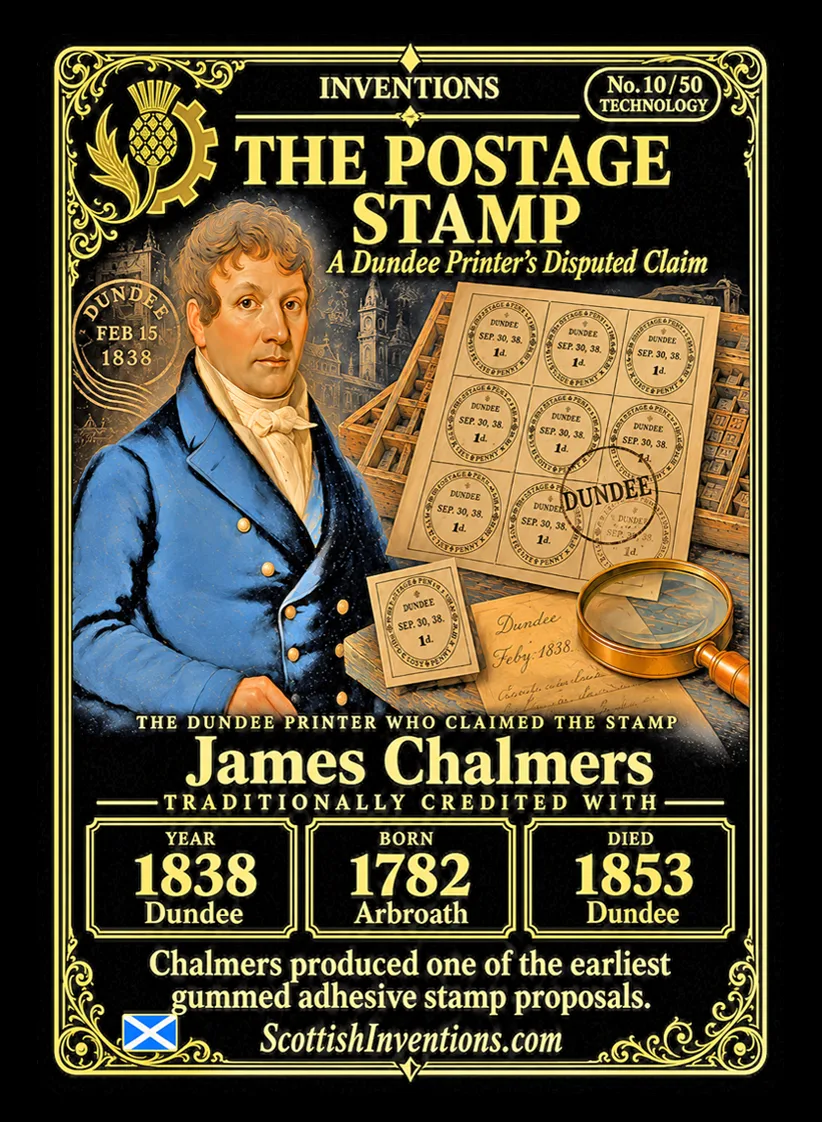 The Postage Stamp collectible card — James Chalmers, born Arbroath Scotland 1782, died Dundee Scotland 1853, pioneered the adhesive postage stamp and prepaid postal system, Scottish Inventions Collection No. 10 of 50