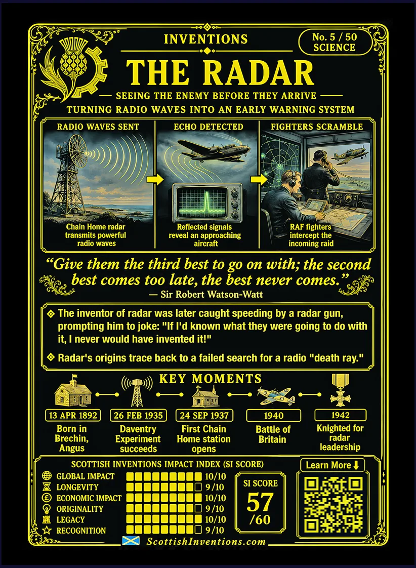 Radar card reverse — the radar equation, Chain Home timeline, Battle of Britain, and impact of Sir Robert Watson-Watt's radar invention