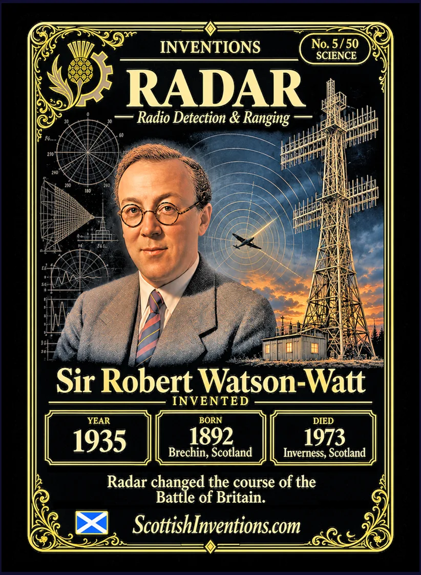 Radar collectible card — Sir Robert Watson-Watt, Brechin Scotland 1892–1973, inventor of radar and the Chain Home defence system, Scottish Inventions Collection No. 5 of 50