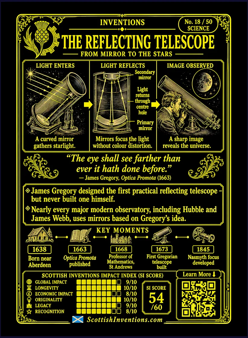 The Reflecting Telescope card reverse — simple diagram explaining why mirrors replaced lenses by eliminating chromatic aberration, timeline from Gregory's 1663 design to the modern Gregorian telescope and today's great observatories