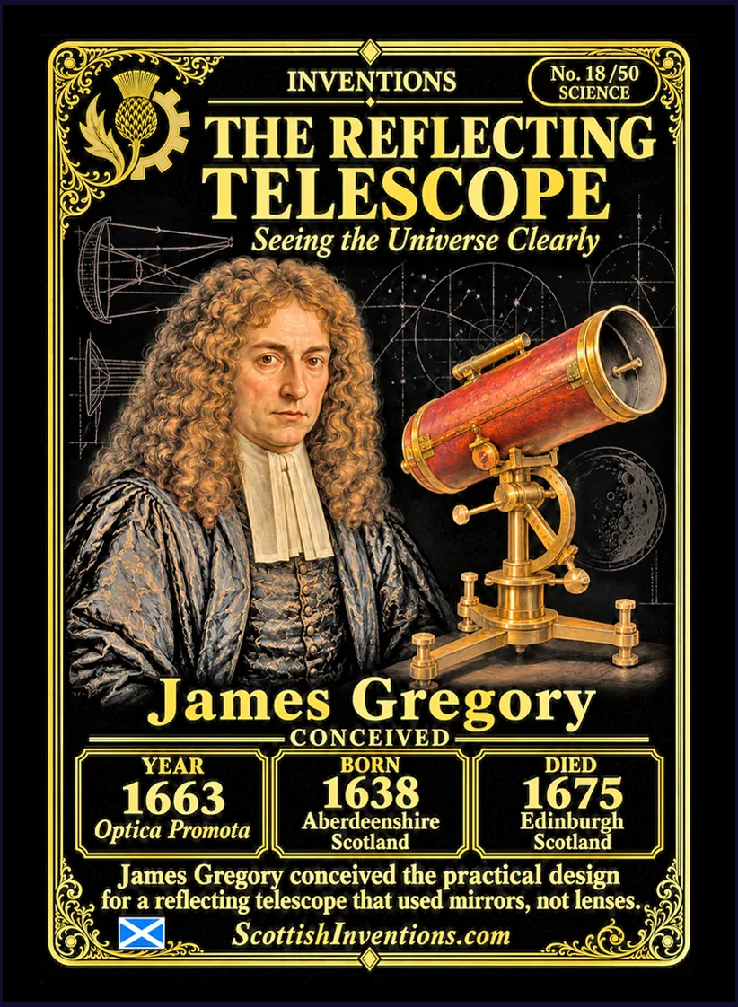 The Reflecting Telescope collectible card — James Gregory of Drumoak, Aberdeenshire, published the design for the world's first practical reflecting telescope in Optica Promota (1663), Scottish Inventions Collection No. 18 of 50
