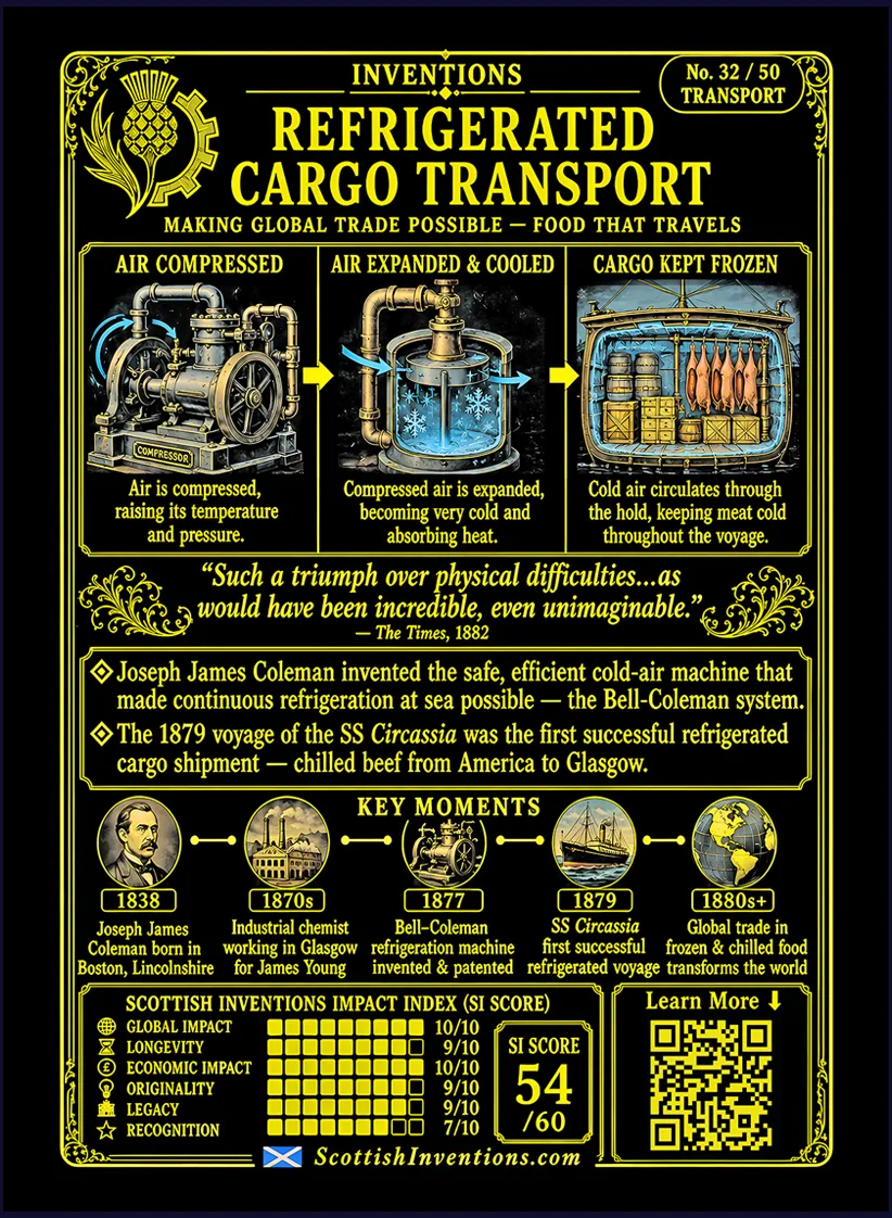 Refrigerated Cargo Transport card reverse — engineering diagram explaining the Bell-Coleman compressed-air refrigeration cycle, timeline from the 1877 patent to the historic frozen meat voyages of SS Circassia, SS Strathleven and SS Dunedin, plus historical context explaining the birth of the modern cold chain.