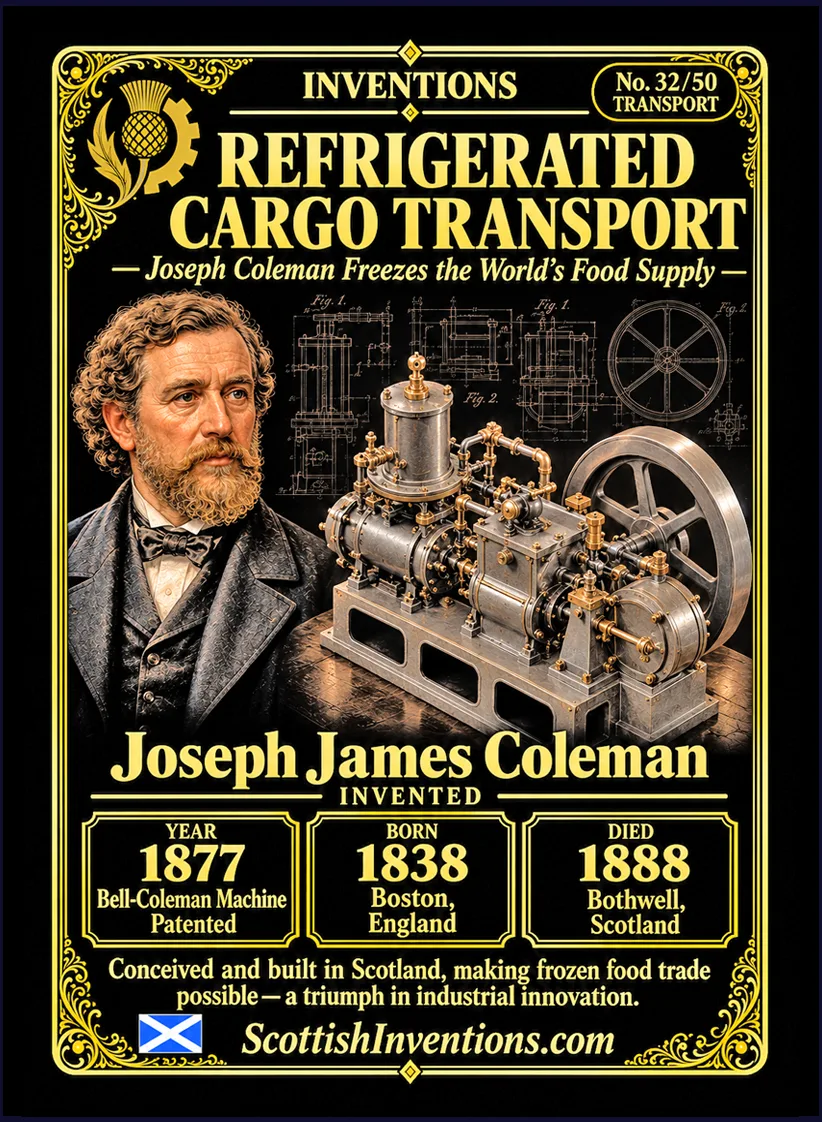 Refrigerated Cargo Transport collectible card — Joseph James Coleman, born Scotland 1838, died Scotland 1888, inventor of the Bell-Coleman air refrigeration machine, patented in 1877, which made long-distance refrigerated shipping practical, Scottish Inventions Collection No. 32 of 50.