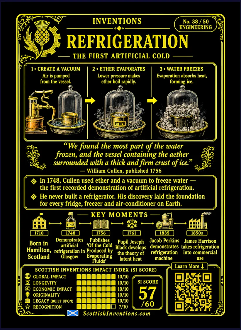 Refrigeration card reverse — process diagram showing ether in a vessel, air pumped out, and water freezing, William Cullen timeline from 1710 to 1761, myth-busting note on the unverified August 1748 date and James Harrison's true birthplace