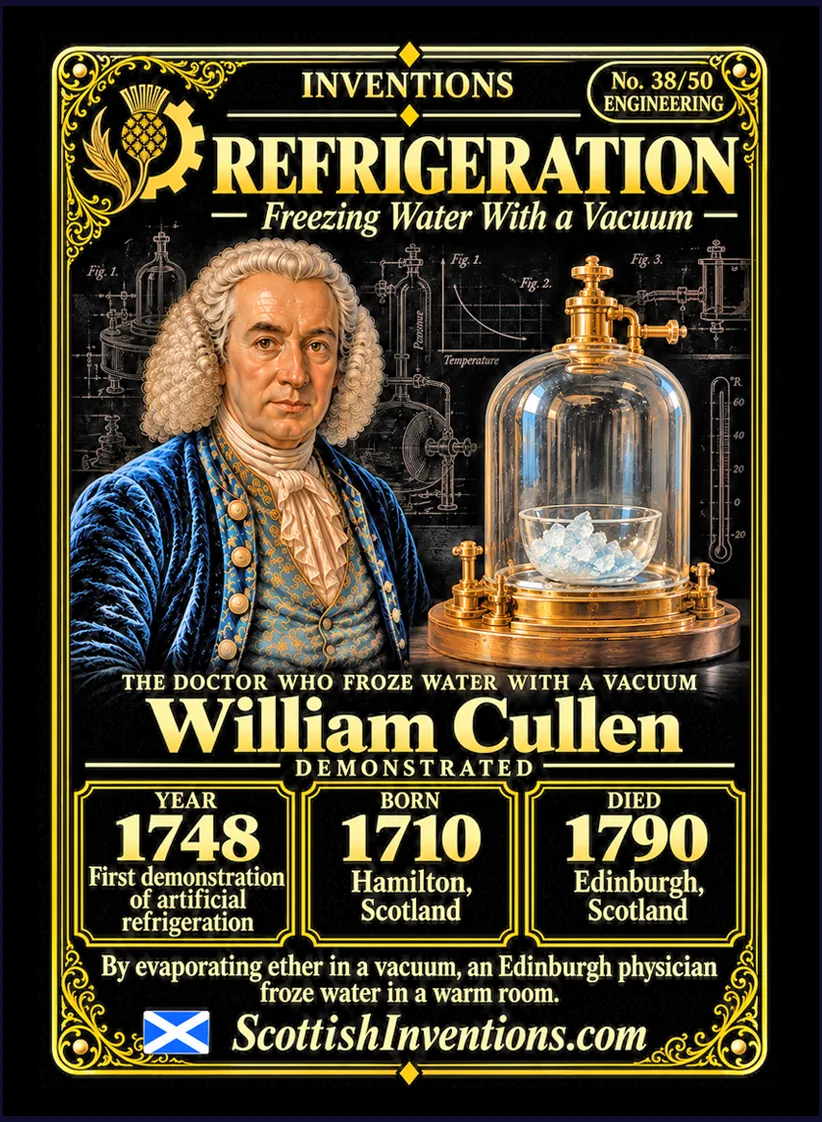 Refrigeration collectible card — William Cullen, born Hamilton Scotland 1710, died Edinburgh Scotland 1790, demonstrated artificial refrigeration in 1748 at the University of Glasgow by freezing water using ether evaporation in a vacuum, Scottish Inventions Collection No. 38 of 50