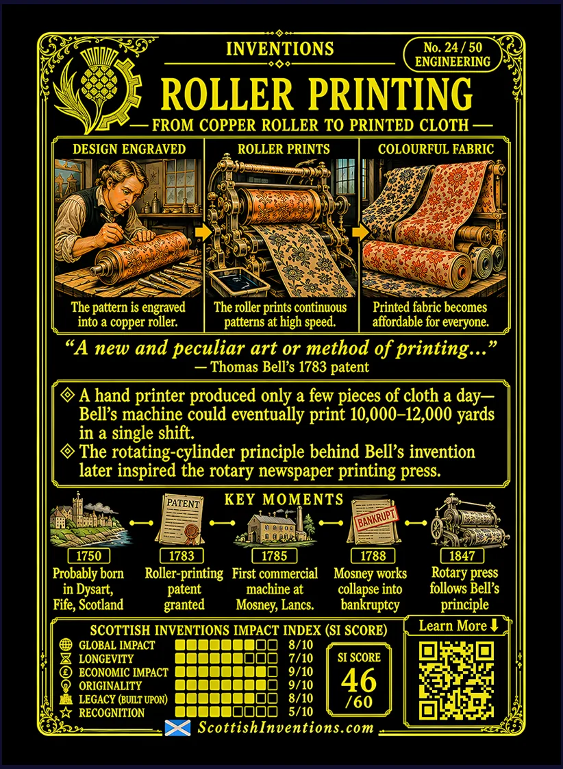 Roller Printing card reverse — engineering diagram explaining Thomas Bell's revolutionary roller printing process using engraved copper cylinders, timeline of the invention's development, historical context and its impact on textile manufacturing and modern rotary printing.