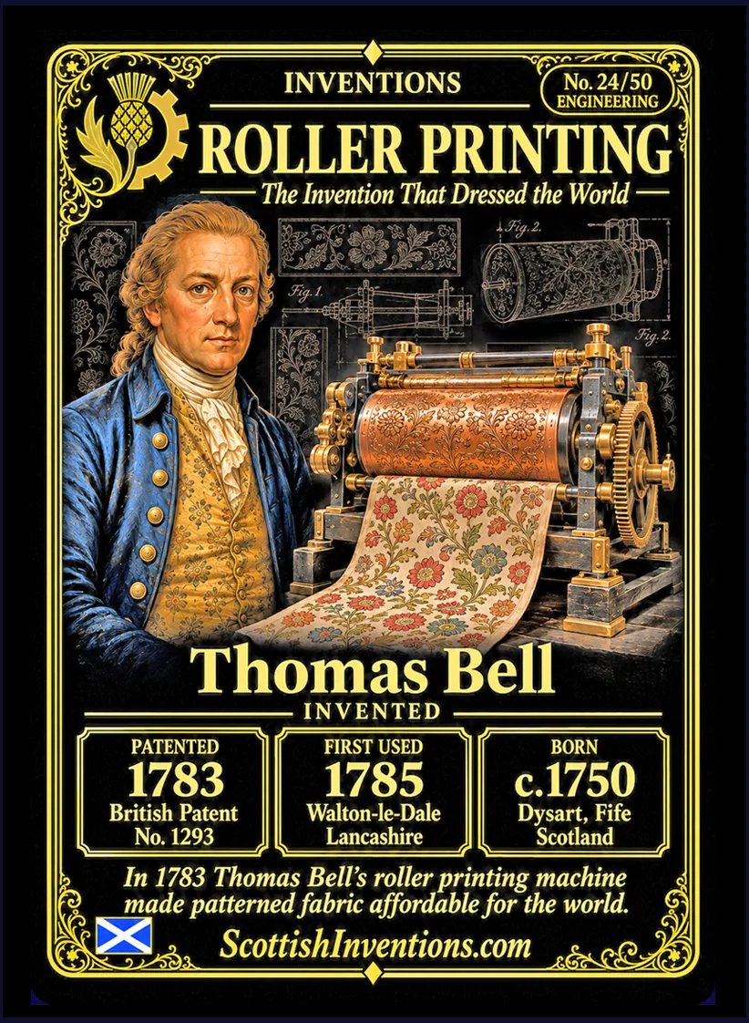 Roller Printing collectible card — Thomas Bell, Scottish engineer and engraver, inventor of the world's first practical roller printing machine, patented in 1783. Features engraved copper printing cylinder, continuous textile printing and the Industrial Revolution. Scottish Inventions Collection Card No. 24 of 50.