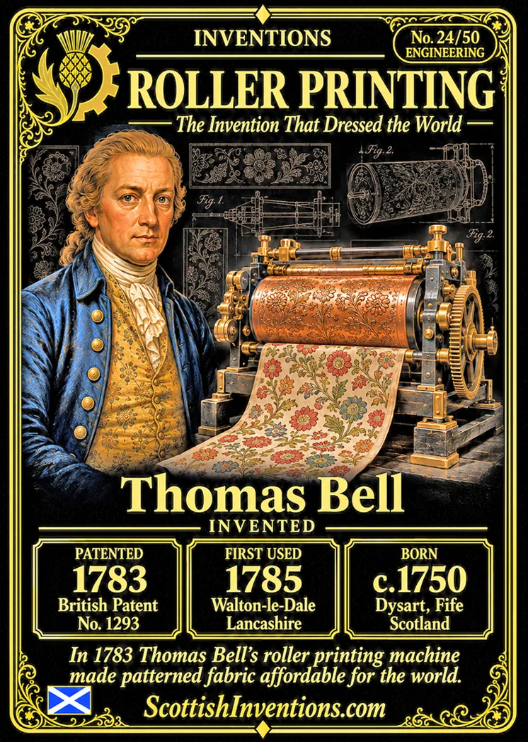 Roller Printing on Textiles collectible card — Scottish Inventions Collection
