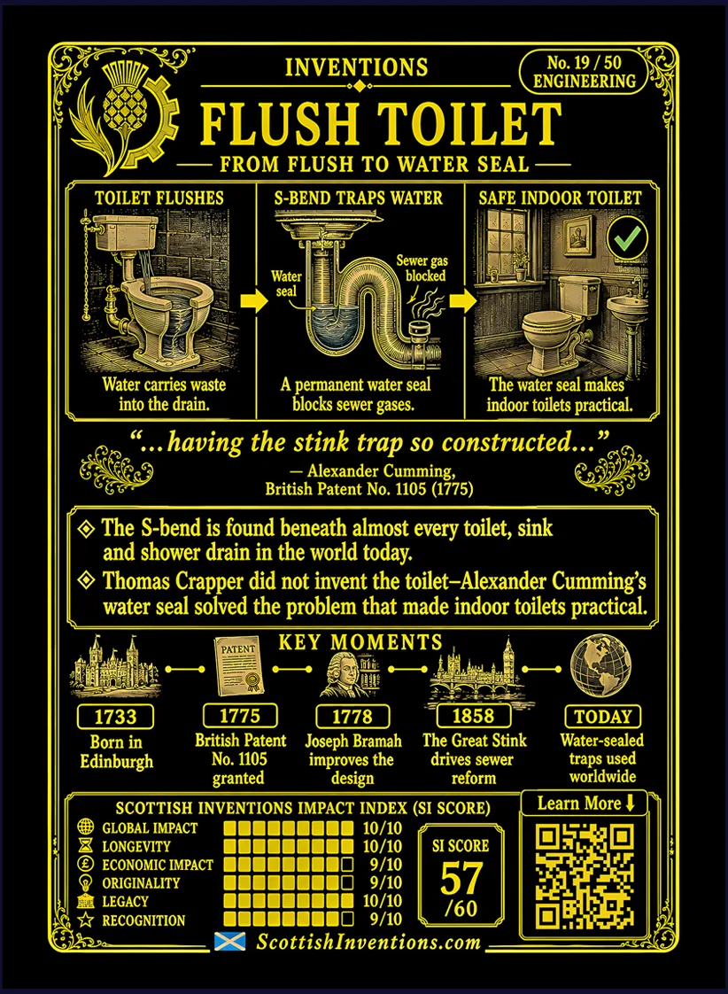 The S-Bend card reverse — cutaway diagram showing how the water seal inside the S-bend blocks sewer gases while allowing waste to flow away, with timeline from Cumming's 1775 patent to modern sanitation