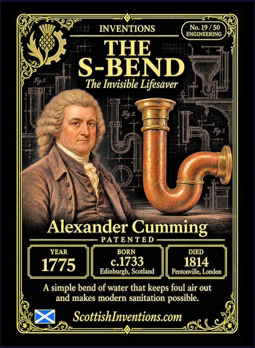 The S-Bend collectible card — Alexander Cumming of Edinburgh patented the S-bend toilet trap in 1775, creating the water seal that prevents sewer gases entering buildings, Scottish Inventions Collection No. 19 of 50