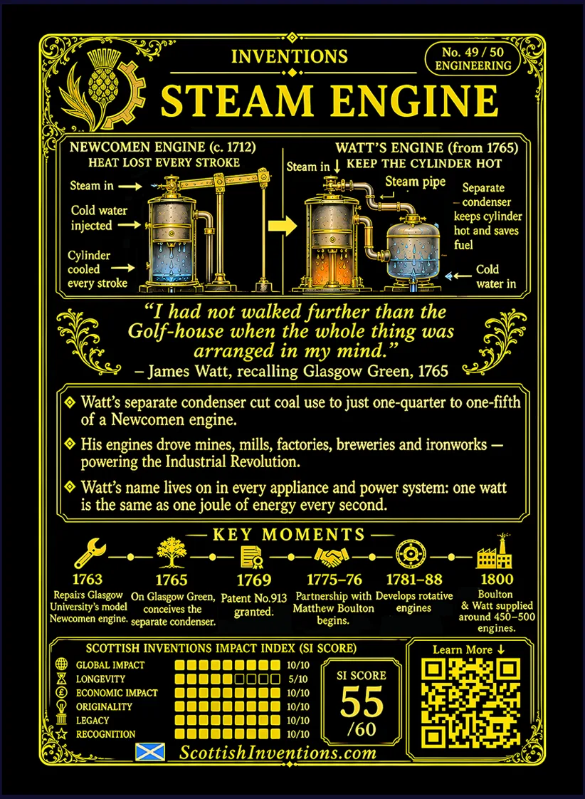 The Steam Engine card reverse — diagram contrasting the Newcomen single-cylinder engine heated and cooled every stroke with Watt's separate always-cold condenser, James Watt timeline from 1736 to 1775, notes on the kettle myth and the Lunar Society of Birmingham