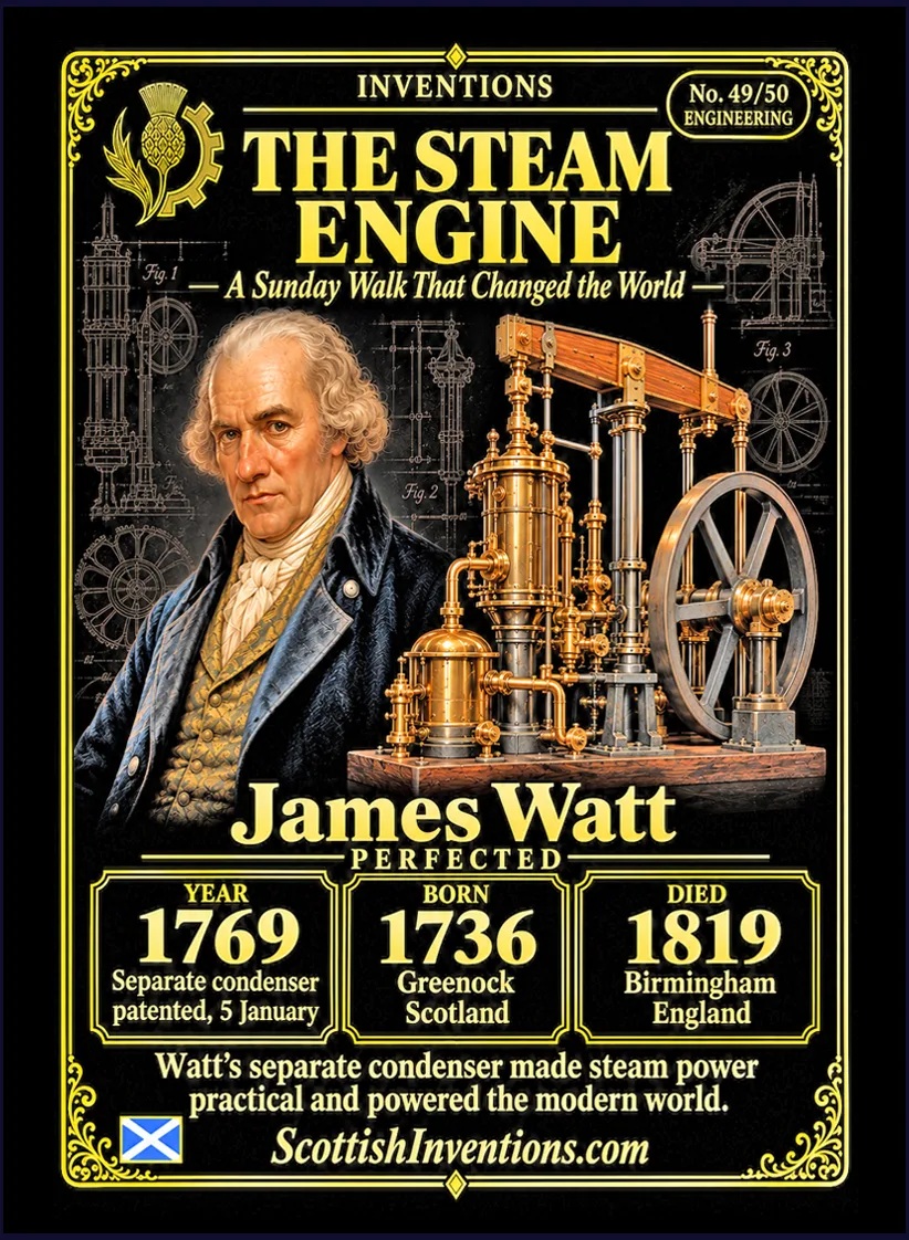 The Steam Engine collectible card — James Watt, born Greenock Scotland 1736, died Birmingham England 1819, patented the separate condenser on 5 January 1769, cutting steam engine fuel use by three-quarters and powering the Industrial Revolution, Scottish Inventions Collection No. 49 of 50