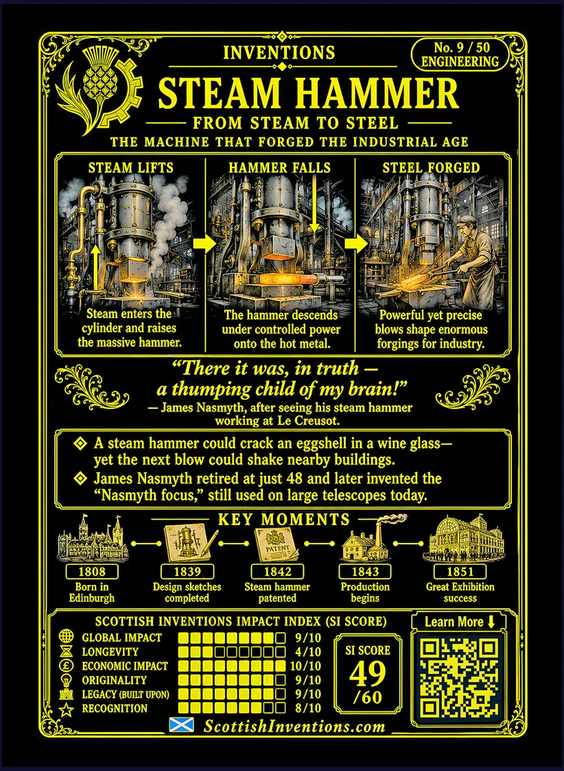 The Steam Hammer card reverse — engineering diagram showing how steam raises and drives the hammer, timeline from Nasmyth's 1839 design to heavy industrial use, explaining the precision and immense power that transformed shipbuilding, railways and heavy engineering