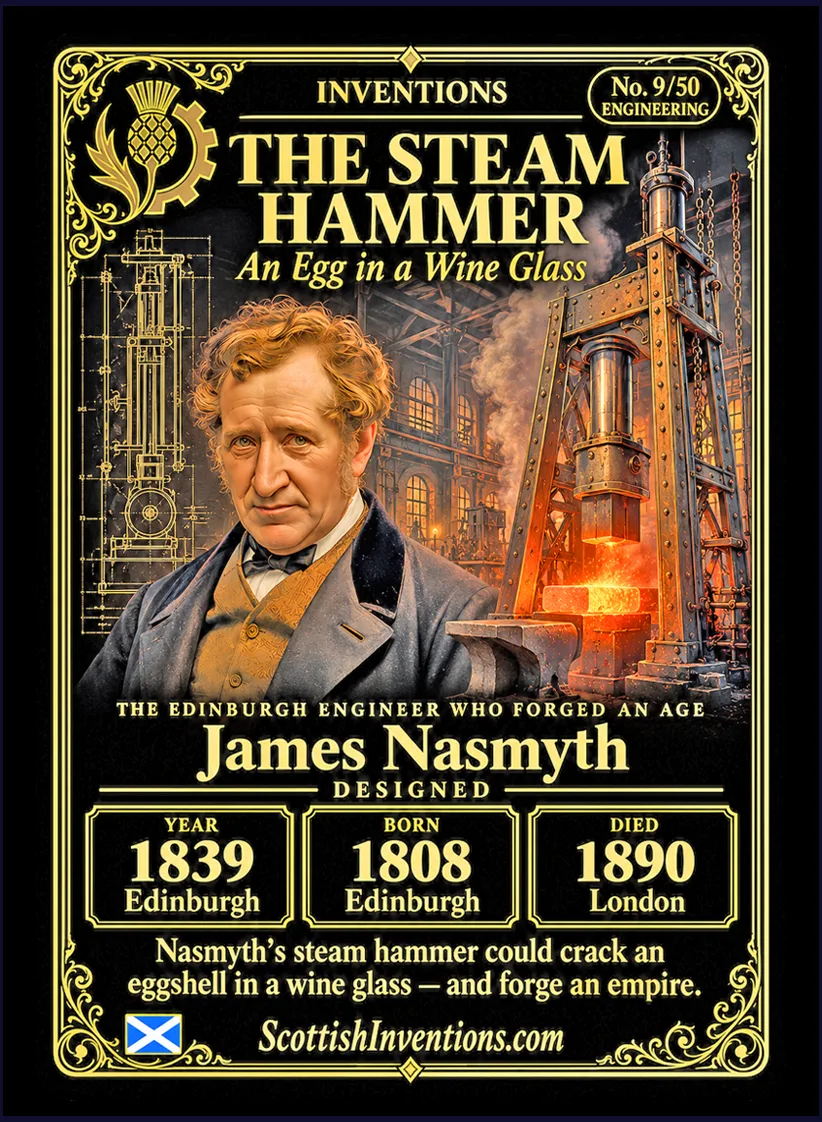 The Steam Hammer collectible card — James Nasmyth, born Edinburgh Scotland 19 August 1808, designed the steam hammer in 1839, creating the giant forging machine that built the industrial age while being precise enough to crack an egg in a wine glass without breaking the glass, Scottish Inventions Collection No. 9 of 50