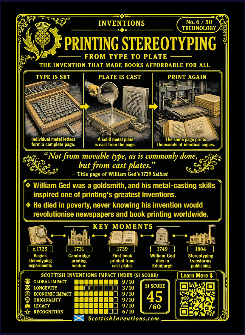Stereotype Printing card reverse — diagram explaining how William Ged's stereotype printing process converted movable type into reusable cast metal printing plates, timeline from the 1725 privilege through the landmark 1739 Sallust edition, plus historical context explaining the invention's global impact on publishing.