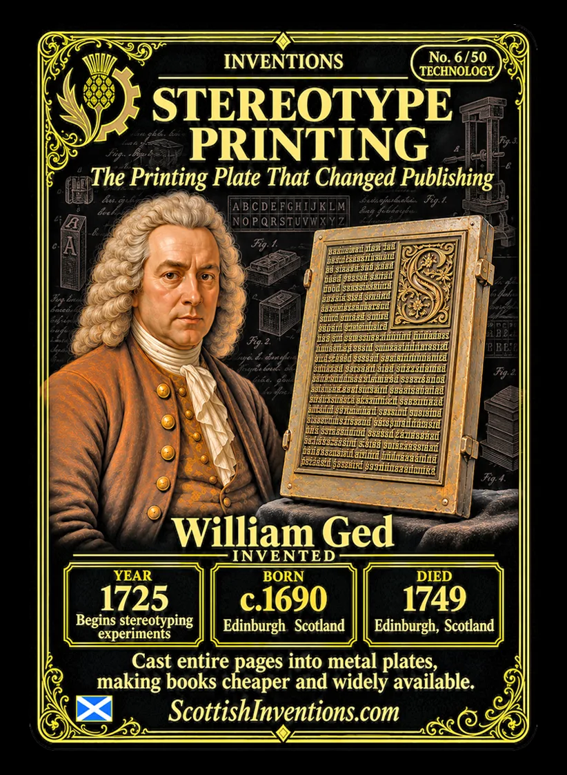 Stereotype Printing collectible card — William Ged, born Edinburgh Scotland circa 1690, died Edinburgh Scotland 1749, inventor of the first practical stereotype printing process, creator of reusable cast printing plates, Scottish Inventions Collection No. 6 of 50.