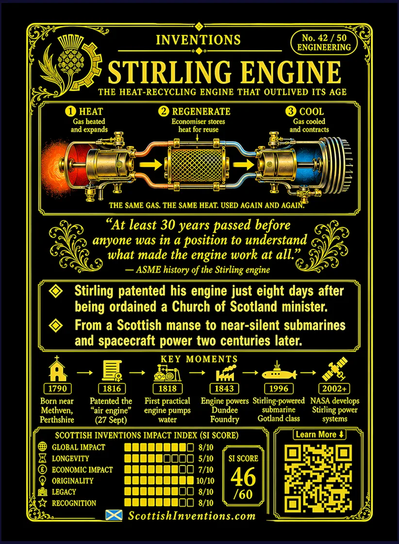 The Stirling Engine card reverse — diagram of the closed thermodynamic cycle showing the hot side, the economiser and the cold side in a continuous loop, Robert Stirling timeline from 1790 to 1843, note correcting a myth about an ASME landmark designation