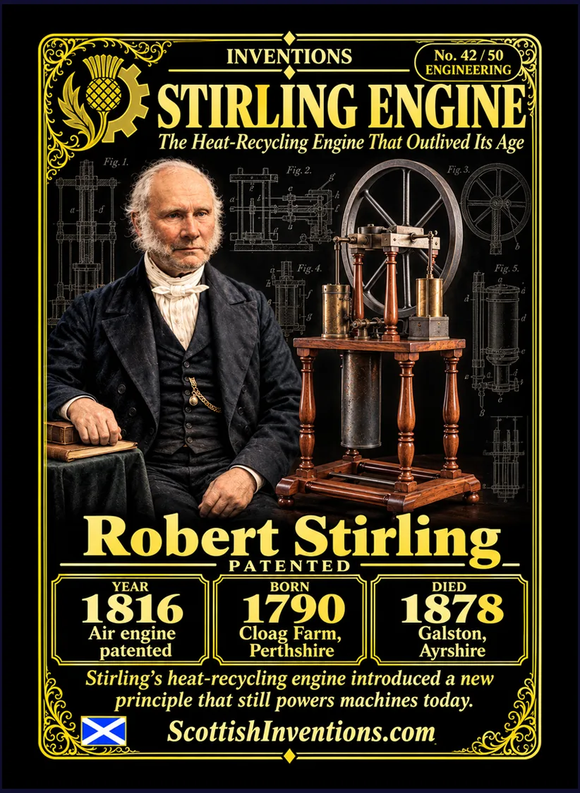 The Stirling Engine collectible card — Robert Stirling, born Cloag Farm Perthshire Scotland 1790, died Galston Ayrshire Scotland 1878, patented the closed-cycle air engine in 1816, a design as efficient as the laws of physics allow, Scottish Inventions Collection No. 42 of 50