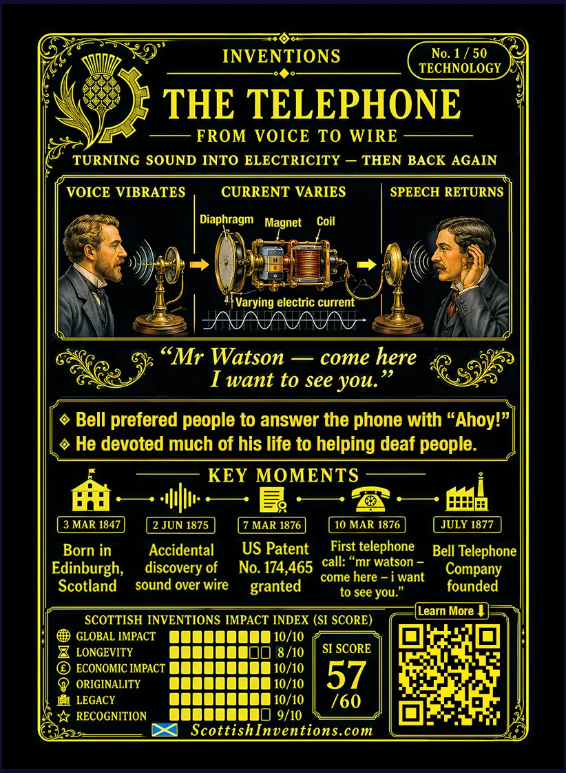 The Telephone card reverse — dual profile of Alexander Graham Bell and Thomas Watson, timeline from 1847 to 1922, note on the priority dispute with Elisha Gray and Antonio Meucci